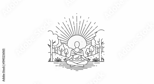 Person meditating in nature at sunrise with minimalist line art style