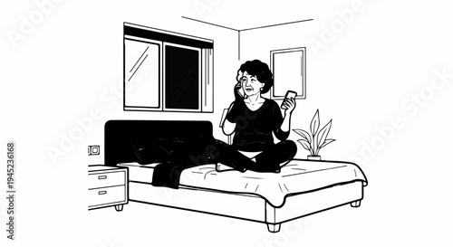 Elderly woman on bed talking on phone and holding a smartphone