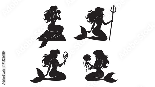 Set of 4 mermaid silhouettes vector