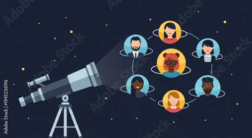 Telescope connecting diverse people in a network against a starry night sky background