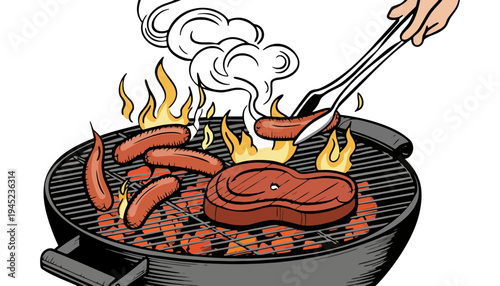 A hand using tongs to grill sausages and steak on a barbecue