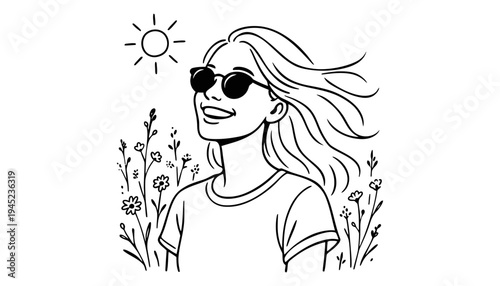 A woman wearing sunglasses standing in a field of flowers under the sun