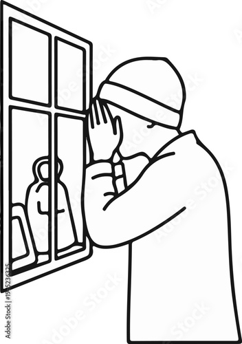 Person peeking through a window at a reflection of someone