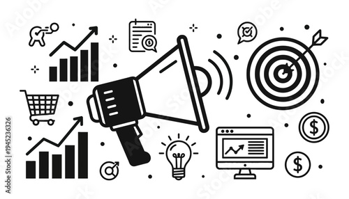 A megaphone icon illustration with business marketing symbols and graphics around it