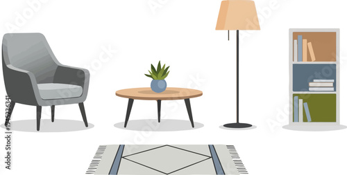 Cozy living room elements armchair, table, plant, floor lamp, bookshelf, rug