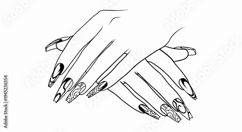 Elegant hands with long, pointed nails adorned with swirling black and white designs