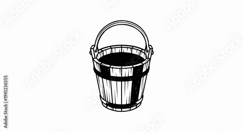 Hand-drawn wooden bucket filled with dark liquid, simple outline