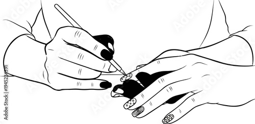 Hands applying intricate designs to fingernails with a brush