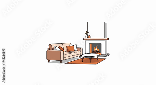 Cozy living room scene with couch, fireplace, and coffee table