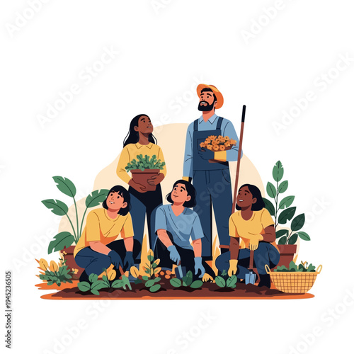 Community growing vegetables together in a garden, gardening concept