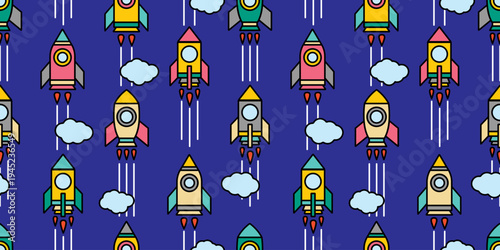 ロケットが空を飛ぶ楽しい宇宙の繰り返し柄イラスト