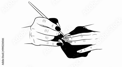 Close-up of hands applying intricate nail art design with a fine brush