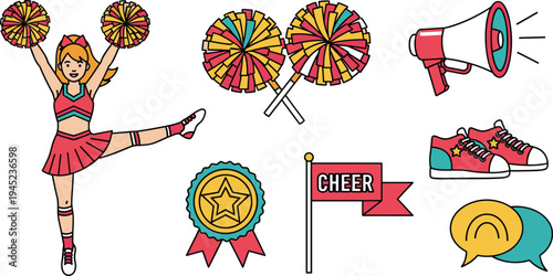 Cheerleading Sports Vector Set with Cheerleader Pom Poms Megaphone Sneakers Award Badge and Cheer Flag Illustration Collection