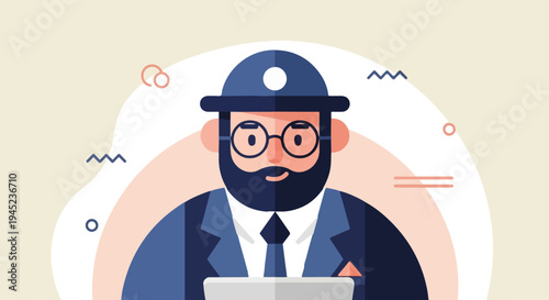 Flat illustrated portrait of a bearded man wearing glasses and a hat