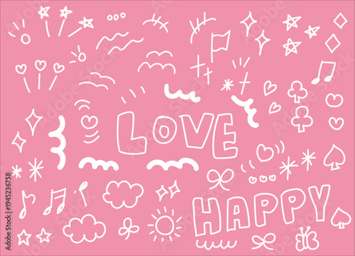 ピンク背景の手描きラブ＆ハッピーデコレーション素材セット／ハート・星・音符・リボンなど可愛い落書き風アイコンのLP・SNS・バレンタイン装飾用ベクターイラスト
