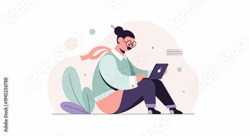 Person sitting on floor, working on laptop, with plants and abstract shapes