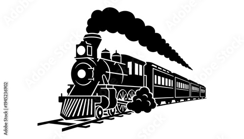 A black silhouette train illustration with smoke coming out of the chimney