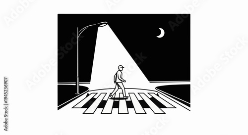 Person walks across illuminated crosswalk at night under moonlit sky