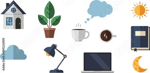 Daily essentials house, plant, coffee, laptop, book, sun, moon, cloud, lamp
