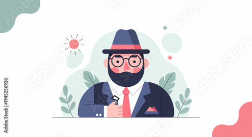 Dapper gentleman in a hat, glasses, and suit, holding a key