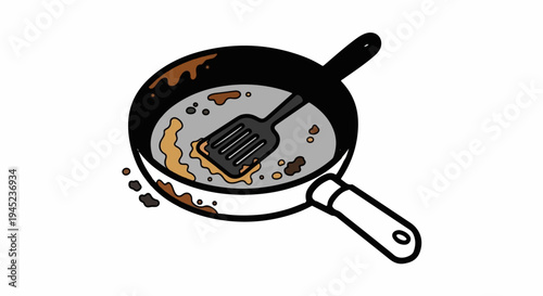 Dirty frying pan with spatula after cooking