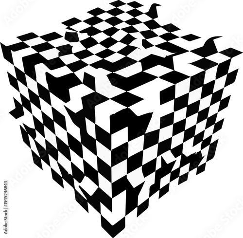 Distorted checkered cube with warped planes and warped corners