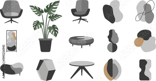 Collection of modern furniture and abstract art pieces in gray tones