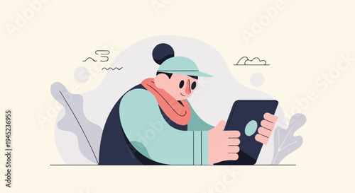 Person wearing a cap and scarf, looking at a tablet, surrounded by abstract shapes