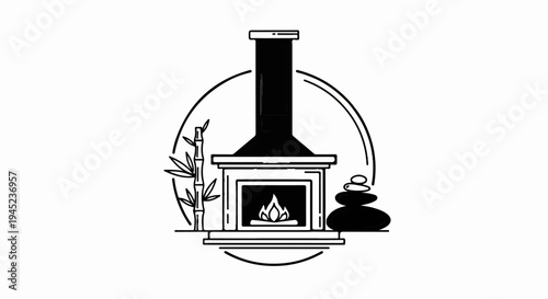 Decorative fireplace with bamboo, stones, and flame, enclosed in an arc