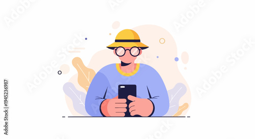 Person wearing a hat and glasses, holding a mobile device