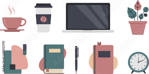 Desk items coffee cup, laptop, plant, books, pen, and clock