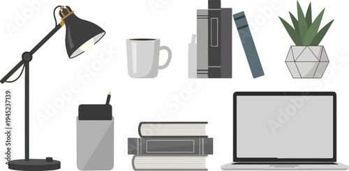Desk items lamp, coffee, books, plant, laptop, pen holder