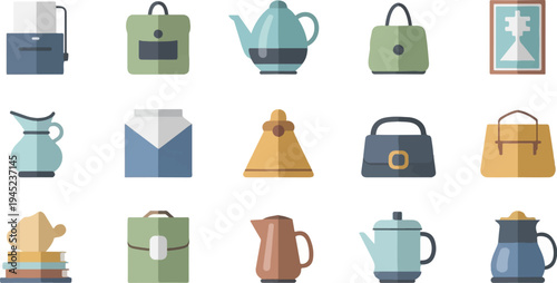 Flat design icons toasters, bags, kettles, jugs, and a chess piece