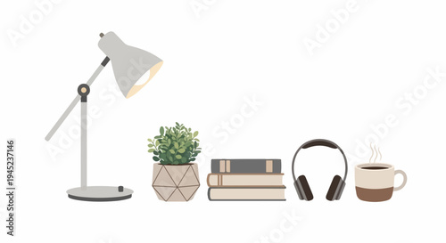 Desk setup with a lamp, plant, books, headphones, and coffee