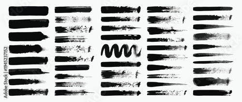 Black highlighter bold horizontal lines set. Brush drawn vector stripes with dry brush texture.