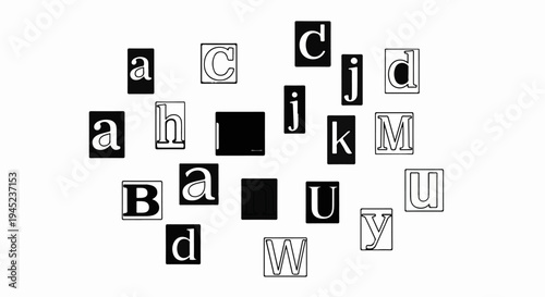 Collection of scattered black and white letters and a black rectangle