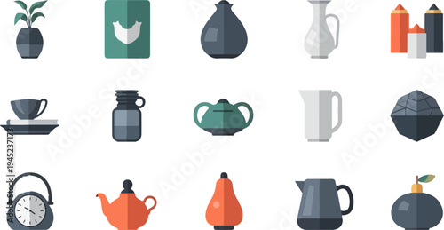 Flat-style icons of decorative objects, plants, and kitchenware
