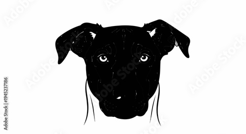 Detailed black and white illustration of a dog's head with wide eyes
