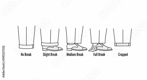 Diagram illustrating five different pant breaks with shoes