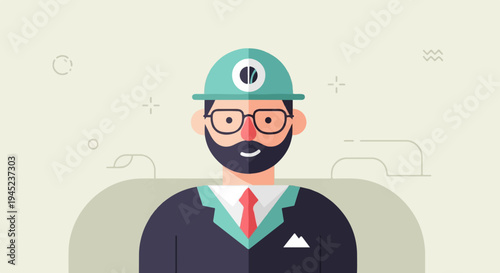 Flat design illustration of a man in a suit, hard hat, and glasses