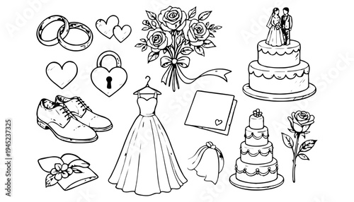 Wedding icon set with dress, cake, and bouquet illustration