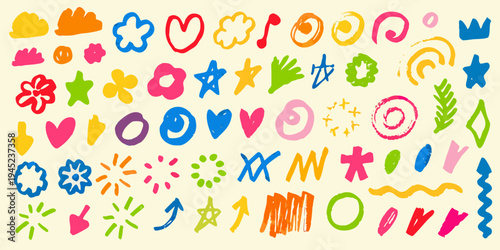 Colorful doodle shapes and whimsical drawings on a pale yellow background