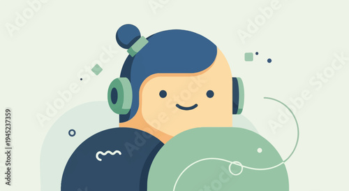 Minimalist character with headphones and abstract shapes