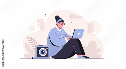 Digital artist with camera and laptop, creating art in soft pastel colors