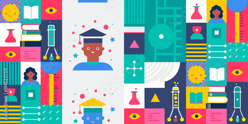 Colorful illustration depicting education learning and diverse student portraits
