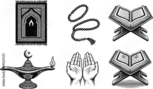 Islamic religious icon set featuring holy quran on stand, prayer rug, rosary beads, oil lamp, and praying hands vector illustrations.