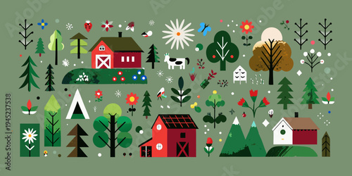 A colorful whimsical landscape with houses trees and playful elements