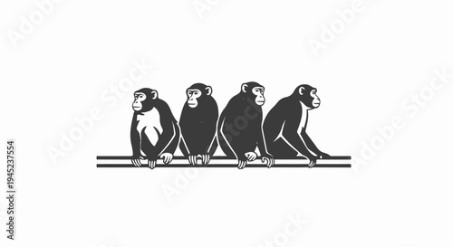 Four anthropoid primates sitting in a row on a horizontal bar
