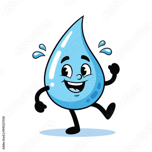 A cheerful cartoon water droplet character running with a smile