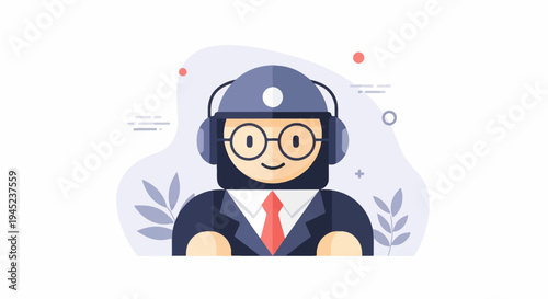 Flat design illustration of a person with headphones and glasses
